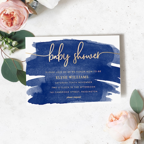 Navy Baby Shower Invitation Template, Gold Foil, Baby Boy Shower Invite, Printable Editable Invitation, Watercolour