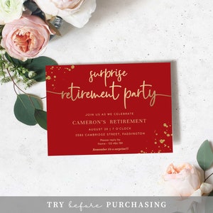 Editable Surprise Retirement Party Invitation, Printable Red Gold Leaving Party Invitation Template, Unisex Retirement Invite, Paintly image 6