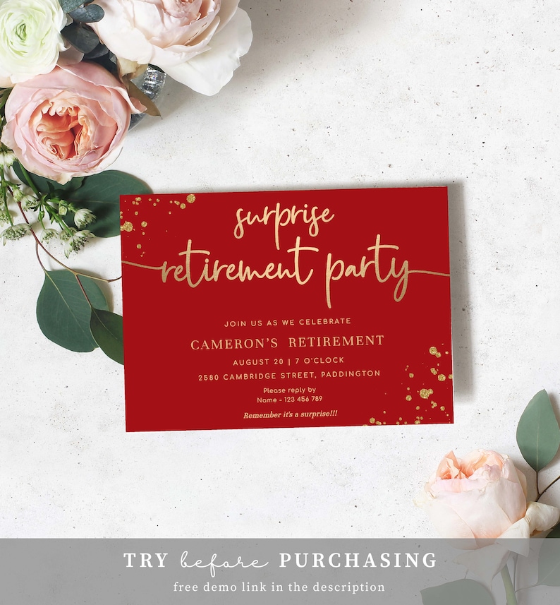 Editable Surprise Retirement Party Invitation, Printable Red Gold Leaving Party Invitation Template, Unisex Retirement Invite, Paintly image 6