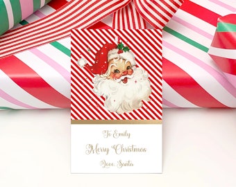 Printable Christmas Gift Tag, Secret Santa Gift Label, Custom Gift Label Tag, Retro Santa, Christmas Gift Wrapping Tag, Red Stripe