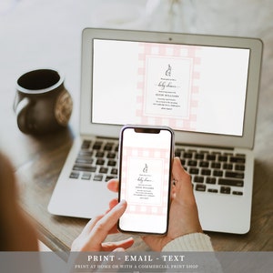 May include: A pink and white gingham baby shower invitation with a bunny rabbit illustration. The invitation text reads "Please join us for a baby shower honoring" followed by the name "Elise Williams".