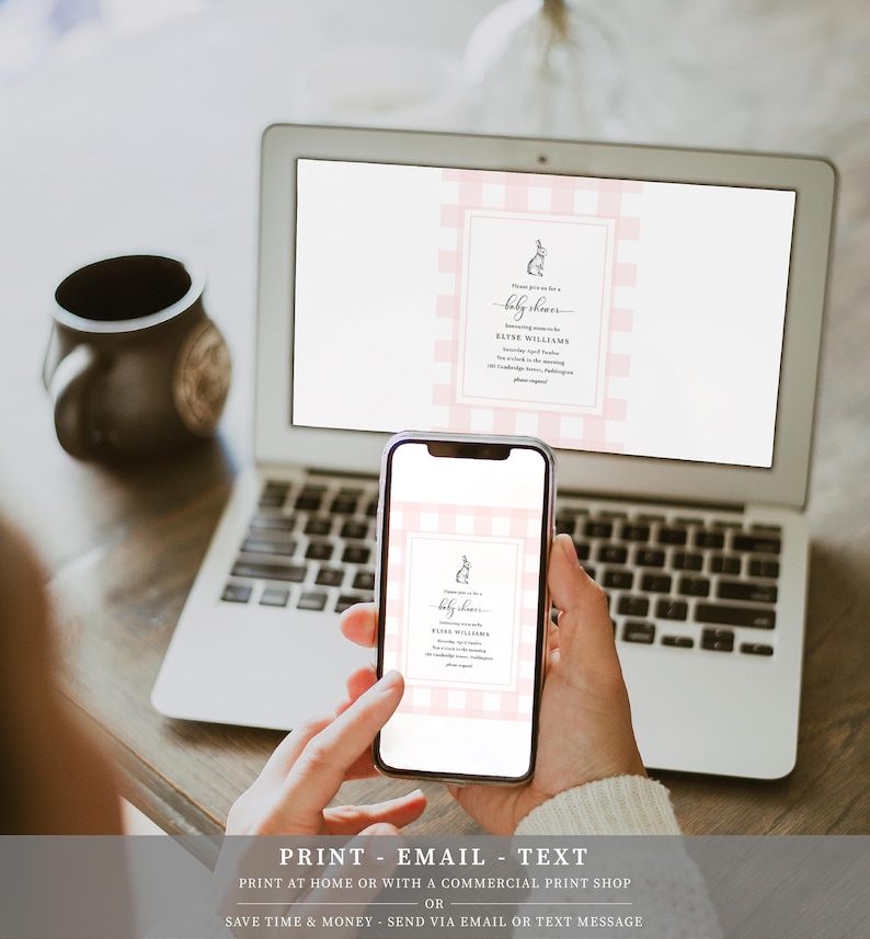 May include: A pink and white gingham baby shower invitation with a bunny rabbit illustration. The invitation text reads "Please join us for a baby shower honoring" followed by the name "Elise Williams".
