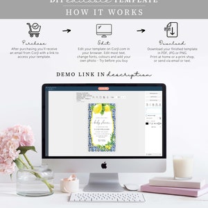 May include: A computer screen displaying a baby shower invitation template with a lemon and blue tile design. The template is being edited in a web-based design program. The text on the invitation reads "Save the Date for a Baby Shower".