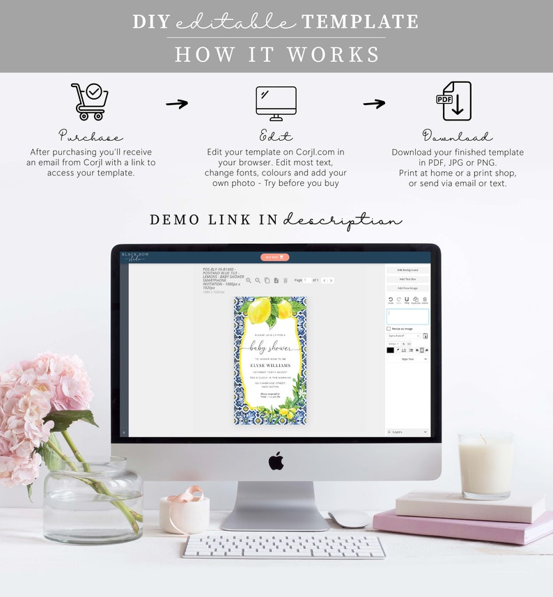 May include: A computer screen displaying a baby shower invitation template with a lemon and blue tile design. The template is being edited in a web-based design program. The text on the invitation reads "Save the Date for a Baby Shower".