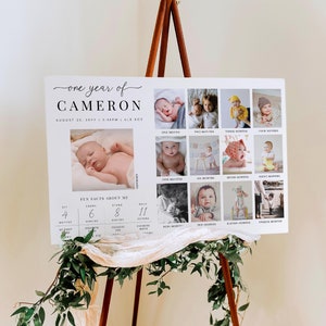 Afdrukbaar bord eerste verjaardag foto, poster eerste jaar baby, bord 1e verjaardag fotocollage, 12 maanden mijlpaal fotobanner, Quinn