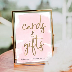 Letrero para bar con tarjetas y regalos - Acuarela rosa - Letrero para mesa de regalo de boda - Letrero para pozo de los deseos - Letrero imprimible para baby shower nupcial - Dorado