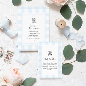 Faire-part imprimable pour baby shower garçon vichy bleu, demande de livre, faire-part de baby shower pique-nique vichy bleu garçon, shower de bébé barbecue