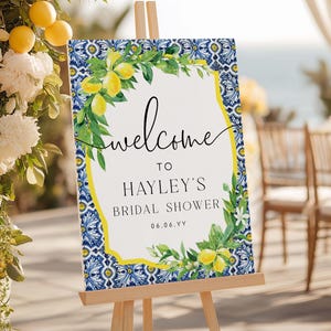 Lemon Bridal Shower Welcome Sign, Positano Blue Tile Lemons Printable Wedding Sign, Greenery Welcome Sign, Baby Shower Sign