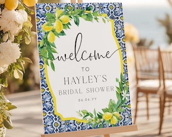 Lemon Bridal Shower Welcome Sign, Positano Blue Tile Lemons Printable Wedding Sign, Greenery Welcome Sign, Baby Shower Sign