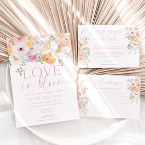 Invitación para despedida de soltera "Love In Bloom", tarjeta de agradecimiento y detalles finos, invitación imprimible con flores de primavera, flores silvestres rosas, Millie