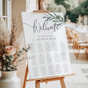 Bearbeitbares Sitzplanschild, druckbare italienische Olivenzweig-Hochzeitstischplanvorlage, Sitzplanposter für die Gästeliste, Olivenhain