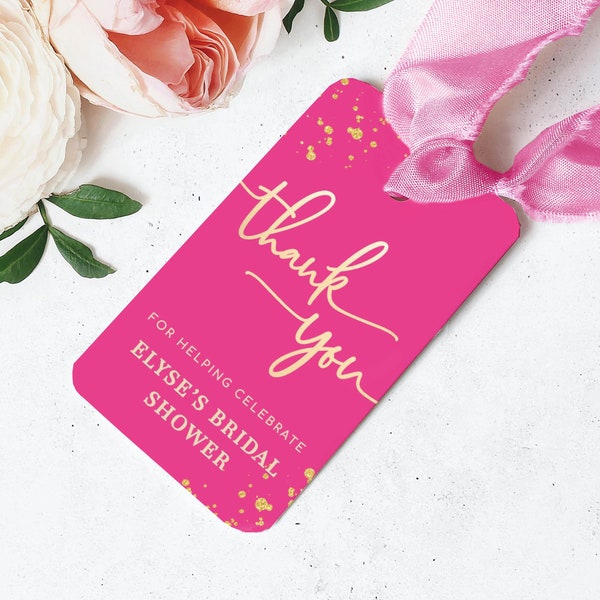 Editable Thank You Favour Tag - Printable Editable Hot Pink Girl's Doll Party Favor Tags - Gold Glitter - Paintly