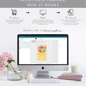 May include: A computer monitor displays a DIY editable template with instructions: Purchase, Edit, and Download. The screen shows a "Welcome Back" template with colorful crayons. The text "DEMO LINK IN description" is visible.