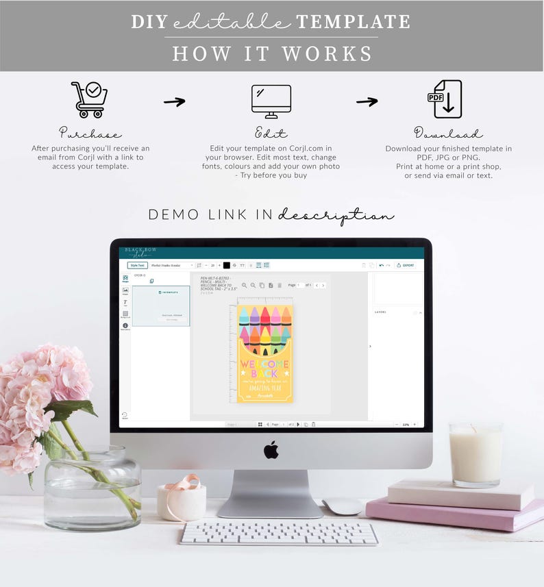 May include: A computer monitor displays a DIY editable template with instructions: Purchase, Edit, and Download. The screen shows a "Welcome Back" template with colorful crayons. The text "DEMO LINK IN description" is visible.