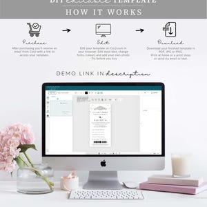 Peut inclure: Un ordinateur affiche un mod&egrave;le modifiable DIY avec des instructions : Acheter, Modifier et T&eacute;l&eacute;charger. L'&eacute;cran montre un mod&egrave;le de re&ccedil;u. Le texte comprend "DEMO LINK IN description". Un vase de fleurs roses, une bougie et des livres sont sur le bureau.