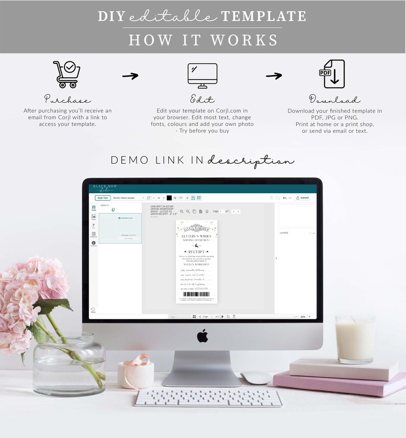 Peut inclure: Un ordinateur affiche un mod&egrave;le modifiable DIY avec des instructions : Acheter, Modifier et T&eacute;l&eacute;charger. L'&eacute;cran montre un mod&egrave;le de re&ccedil;u. Le texte comprend "DEMO LINK IN description". Un vase de fleurs roses, une bougie et des livres sont sur le bureau.