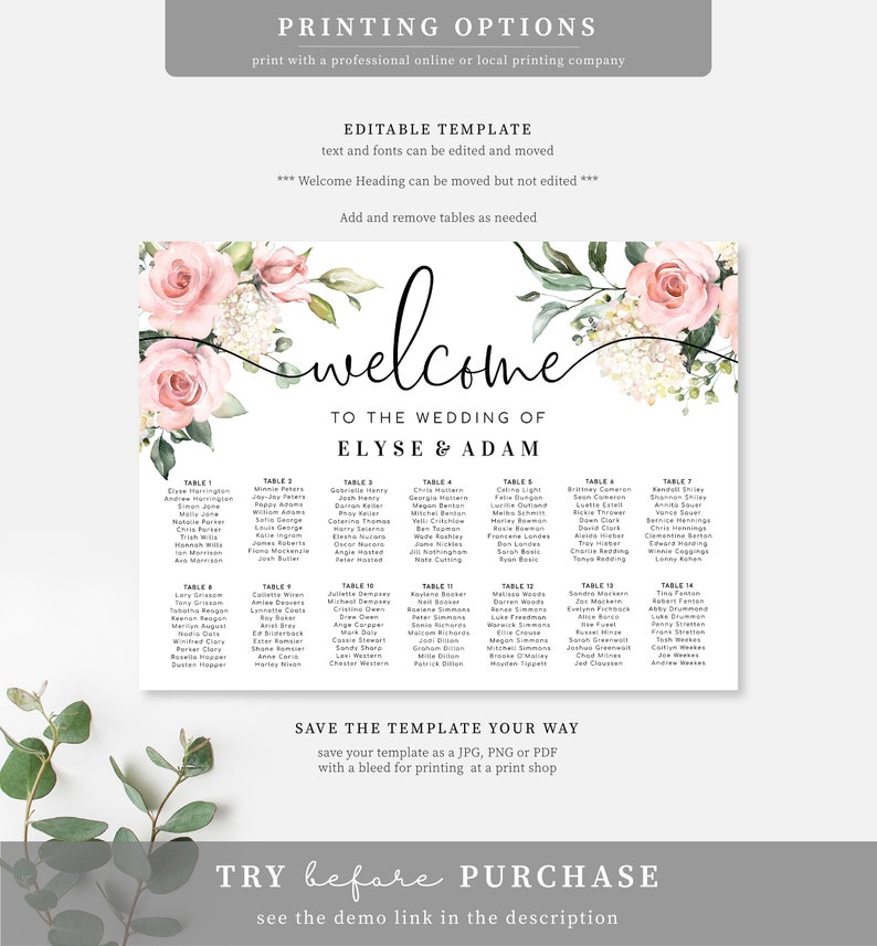 Printable Blush Floral Wedding Seating Chart, Wedding Table Plan, Editable Seating Chart Template, Seating Plan Poster, Darcy Floral