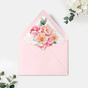 Druckbare Pfingstrose Blumen Umschlag Vorlage, Euro und quadratische Klappe Umschlag Vorlage, Brautparty einladen, Babyparty einladen