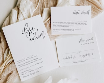 Modern Minimalist Wedding Invitation Suite, Printable Editable Wedding Invitation Template, RSVP Postcard, DIY Wedding, Lucas Script