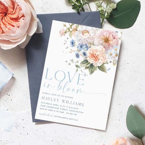 Love In Bloom Bridal Shower Invitation, Printable Something Blue Bridal Shower Invite, Dusty Blue Floral Bridal Brunch Evite, Hargrove