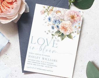 Blue Floral Bridal Shower Invitation, Love In Bloom Theme (Printable), Hargove