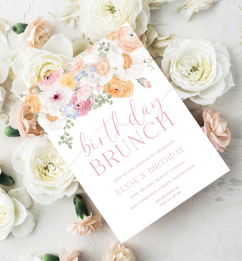 Birthday Brunch Party Invitation, Girls Birthday Party Invitation, Pink Spring Floral Birthday Lunch Invite, Birthday Party Evite, Millie