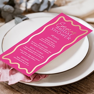 Druckbare Brautparty-Menüvorlage, Welle kurvige Linie, heißes rosa Gold, bearbeitbares Hens Party-Menü, Babypartymenü, Brunch-Menü, Mittagsmenü