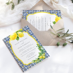 Positano Blue Tile Lemons Wedding Invitation Template, Italian Almalfi Coast Destination Wedding Invitation, Italian Lemons Wedding Evite