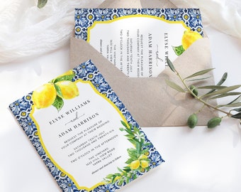 Positano Blue Tile Lemons Wedding Invitation Template, Italian Almalfi Coast Destination Wedding Invitation, Italian Lemons Wedding Evite