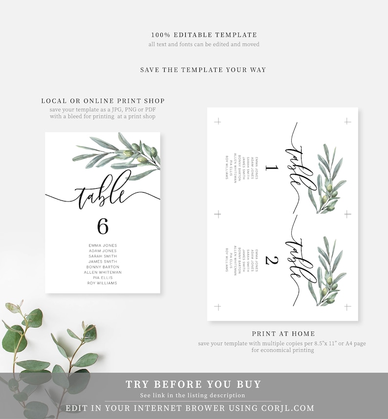 Printable Olive Leaf Table Numbers With Guest Names Printable - Etsy