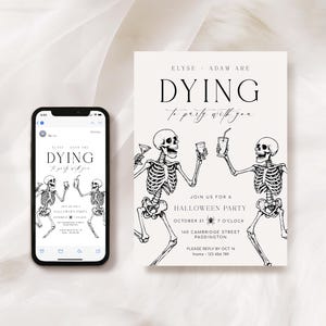 Printable Halloween Party Invitation, Halloween Costume Party Invitation, Dying To Party, Skeletons, Adults Halloween Party, Halloween Evite
