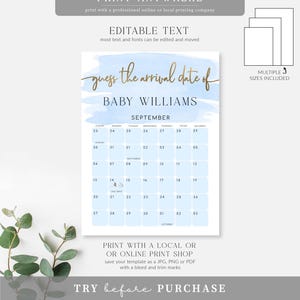 Op de afbeelding: Een blauwe en gouden printbare babyshower-spelkaart met de tekst "raad het aankomstdatum van Baby Williams". De kaart bevat een kalender met de maand september gemarkeerd.