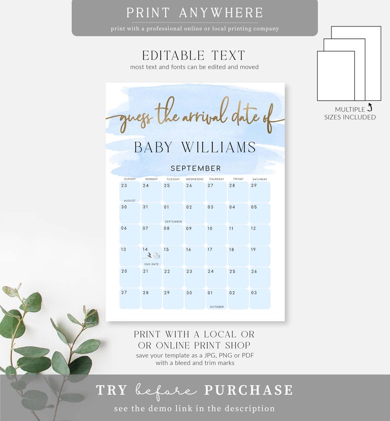 Op de afbeelding: Een blauwe en gouden printbare babyshower-spelkaart met de tekst "raad het aankomstdatum van Baby Williams". De kaart bevat een kalender met de maand september gemarkeerd.