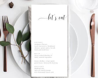 Minimal Wedding Menu Template, Editable Modern Minimalist Let's Eat Calligraphy Wedding Menu, Printable Dinner Menu Template, Leyton Script