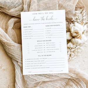 How Well Do You Know The Bride Game, Bridal Shower Trivia Game, Modern Minimalist Wedding Shower Bridal Quiz Game, Quinn Script