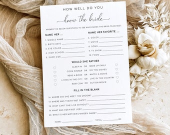 How Well Do You Know The Bride Game, Bridal Shower Trivia Game, Modern Minimalist Wedding Shower Bridal Quiz Game, Quinn Script