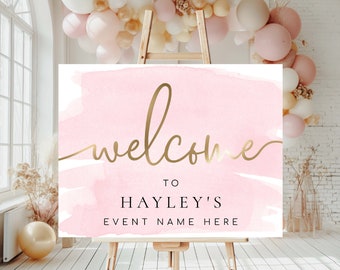 Rosa Aquarell Willkommensschild, Goldfolie, Bridal Shower, Hochzeit (Printable)