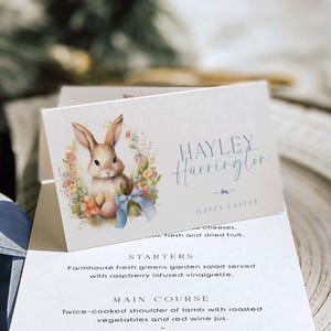 Tarjetas de lugar con forma de conejito de Pascua, tarjetas con nombres de Pascua para imprimir, flores de primavera con forma de conejito de Pascua, tarjeta de lugar para el almuerzo de Pascua, tarjeta de lugar para el brunch de Pascua