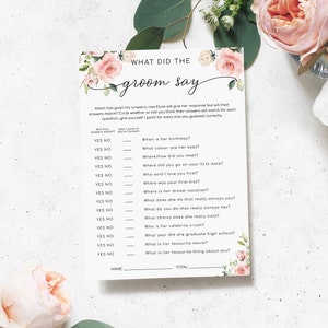 What Did The Groom Say Game Blush Floral Bridal Shower Games Editable Corjl Instant Download Hen's Party Game Darcy Floral image 1