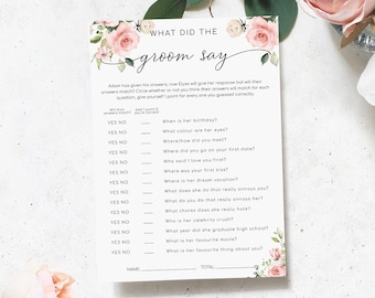 What Did The Groom Say Game -  Blush Floral Bridal Shower Games Editable Corjl Instant Download - Hen's Party Game - Darcy Floral