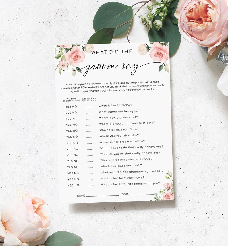 What Did The Groom Say Game Blush Floral Bridal Shower Games Editable Corjl Instant Download Hen's Party Game Darcy Floral image 1