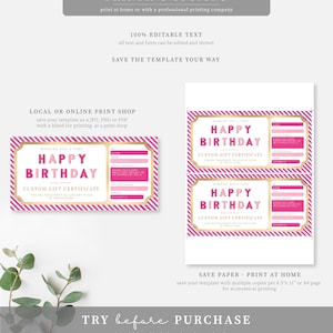 Happy Birthday Custom Gift Voucher Template, Hot Pink Stripe Printable ...