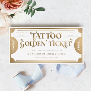 Modèle imprimable de bon de commande tatouage, chèque-cadeau tatouage, bon cadeau personnalisé Golden Ticket, chèque-cadeau d'anniversaire, Margo