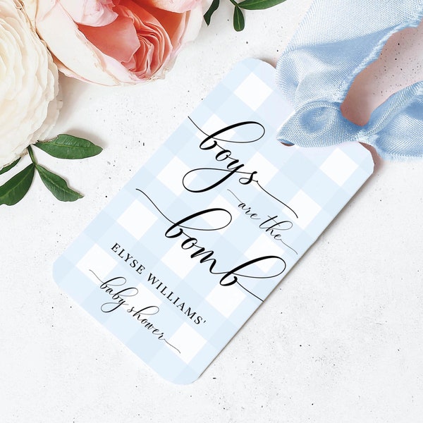 Boys Are The Bomb Favor Tag Template - Editable Boy Baby Shower Bath Bomb Favor Tag- Blue Gingham - Baby BBQ - Thank You Favor Tag