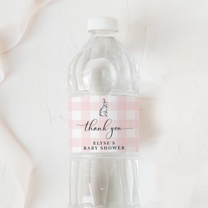 Editable Water Bottle Labels - Pink Gingham Bunny Rabbit - Printable Personalized Water Bottle Labels - Girl Baby Shower