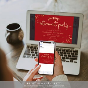 Editable Surprise Retirement Party Invitation, Printable Red Gold Leaving Party Invitation Template, Unisex Retirement Invite, Paintly