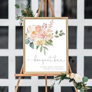 Vintage Blush Floral Bouquet Bar Sign, Printable Boho Bridal Shower Flower Station Sign, Greenery Baby Shower Flower Bar Sign, Cambridge