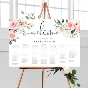 Cartello con schema dei posti a sedere in ordine alfabetico, piano dei tavoli per matrimonio floreale Blush, modello di schema dei posti a sedere in ordine alfabetico modificabile, poster con schema dei posti a sedere, Darcy