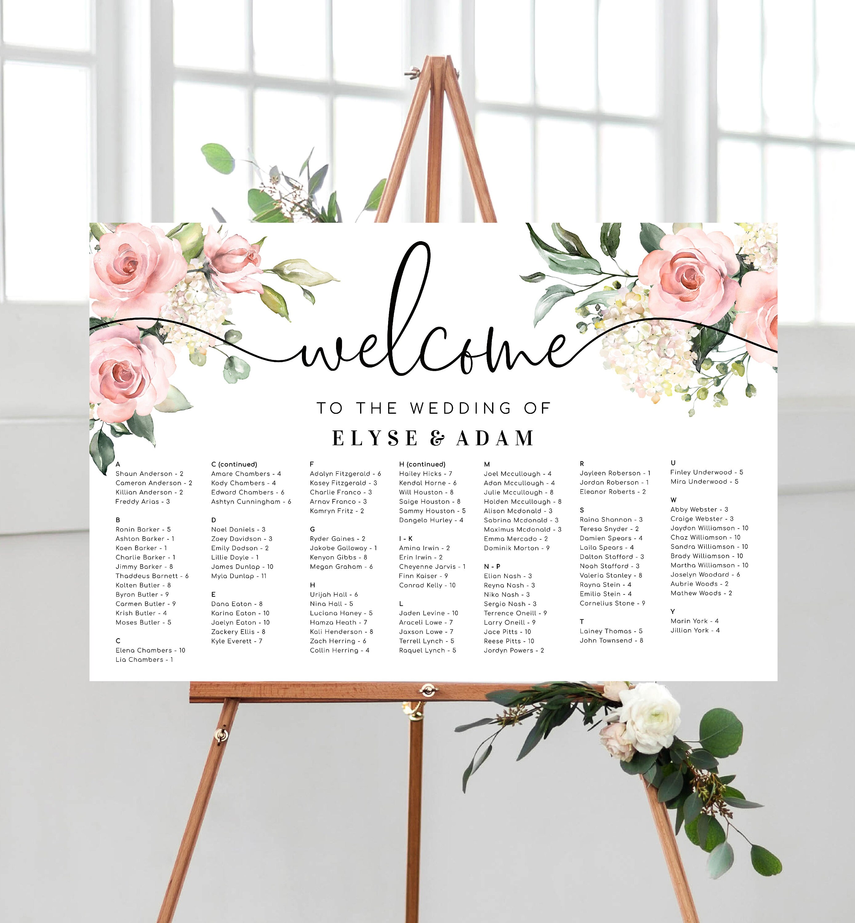 Alphabetical Seating Chart Sign, Blush Floral Wedding Table Plan ...