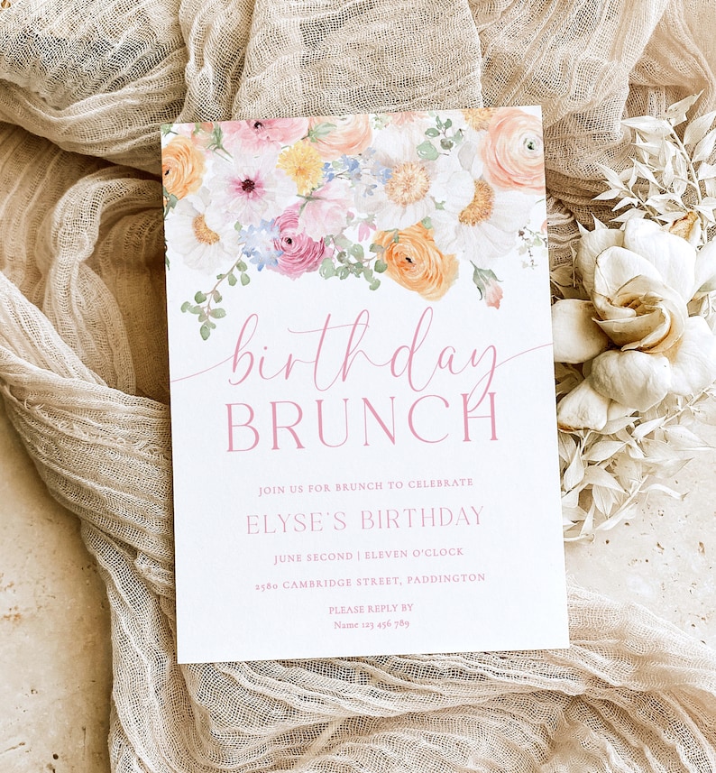 Birthday Brunch Party Invitation, Girls Birthday Party Invitation, Pink Spring Floral Birthday Lunch Invite, Birthday Party Evite, Millie